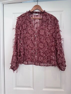 Zara Burgundy Floral Sheer Button-Front Blouse
